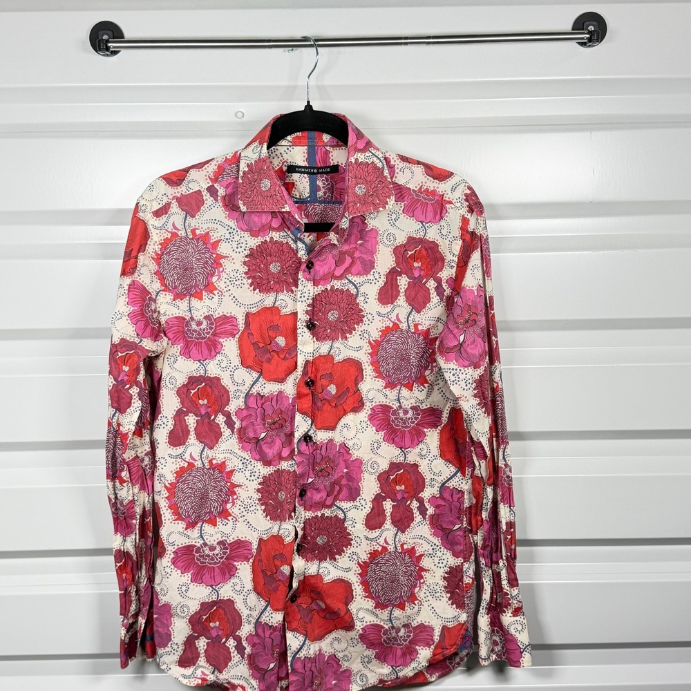 Hammer Made Button Down Shirt Mens Pink Red Floral Long Sleeve Cotton